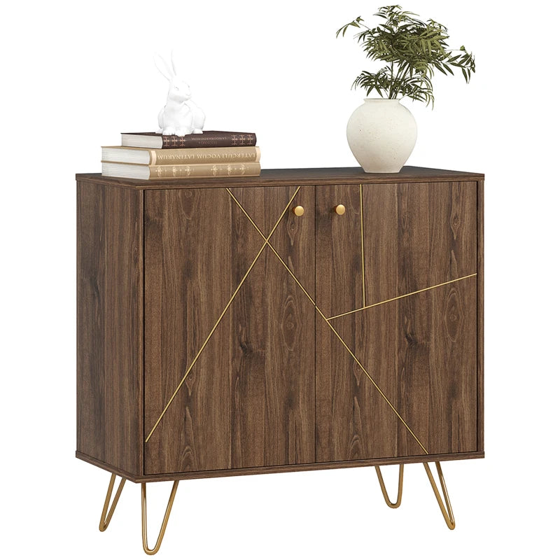 Modern Luxury Sideboard Storage Cabinet with Golden Lines, Adjustable Shelf, Steel Hairpin Legs - Brown Living Room Furniture