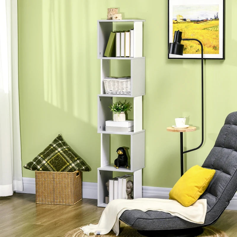 Modern 5-Tier Freestanding Bookshelf - Stylish White & Light Grey Bookcase for Living Room, Home Office, Study Storage