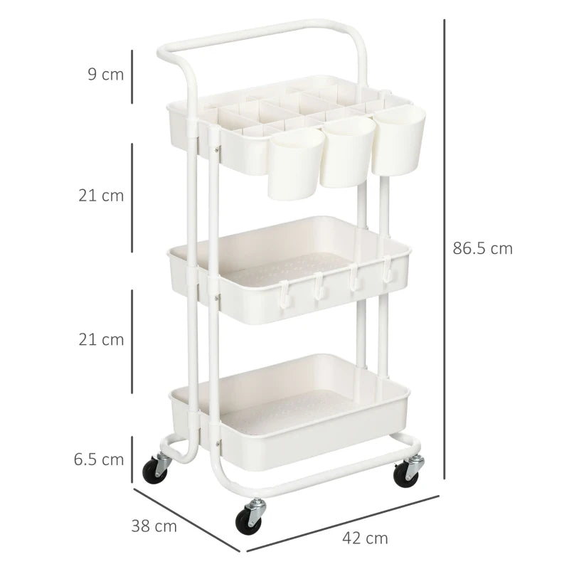 White Three-Tier Home Trolley with Handle and Wheels - Versatile Storage Cart for Kitchen, Living Room, and Office