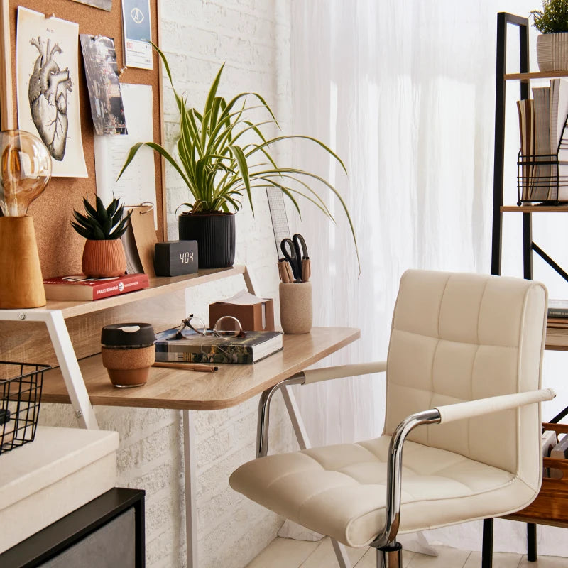 Home Office Chair and Computer Desk Set - Faux Leather Swivel Chair with Storage Shelf - Modern White Study Desk