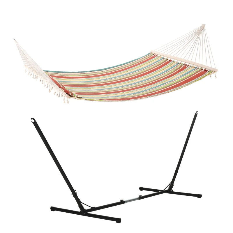 Red Striped Double Cotton Hammock with Adjustable Steel Frame