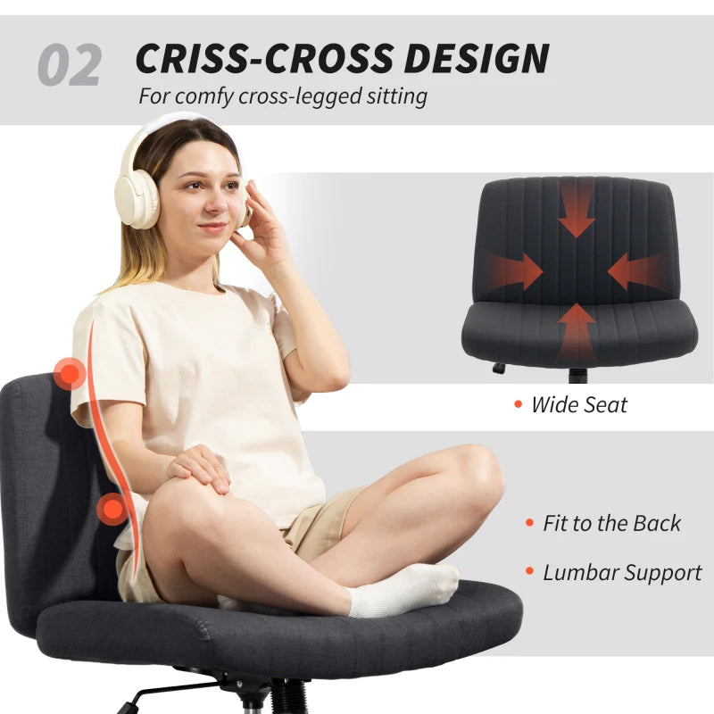 Armless Office Chair with Criss Cross Legs Linen Fabric Wide Seat Thick Padding Adjustable Swivel Desk Chair for Home Black