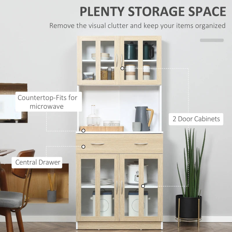 Modern Freestanding Kitchen Cupboard - 180cm Storage Cabinet Hutch with Central Drawer & 2 Glass Door Cabinets