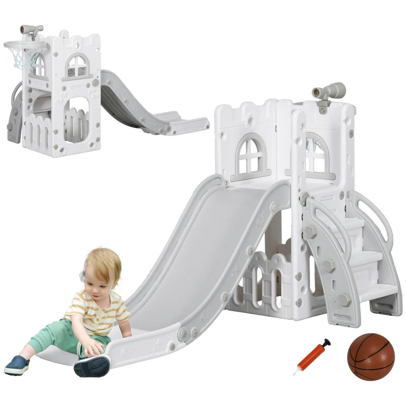 4 in 1 Toddler Slide with Basketball Hoop Climber Telescope Storage Basket for Ages 1 to 3 Years Grey