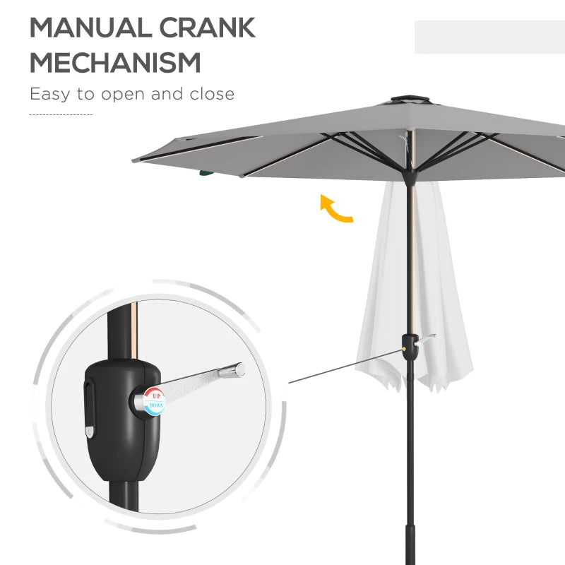 Light Grey Solar LED Patio Umbrella with Crank Handle