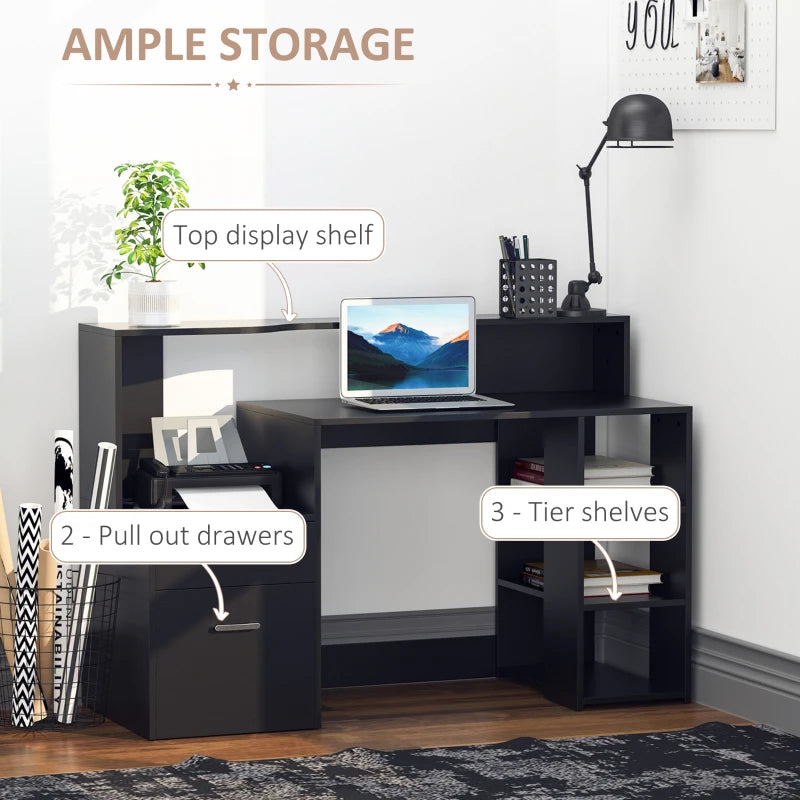 Large Black Computer Desk with Drawers & Storage Shelves - Office Writing Table & Printer Stand for Home Office, 137x55x92cm