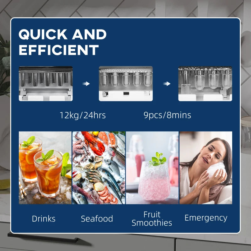 12kg Countertop Ice Cube Maker - Black Ice Machine with Scoop for Home & Party Use