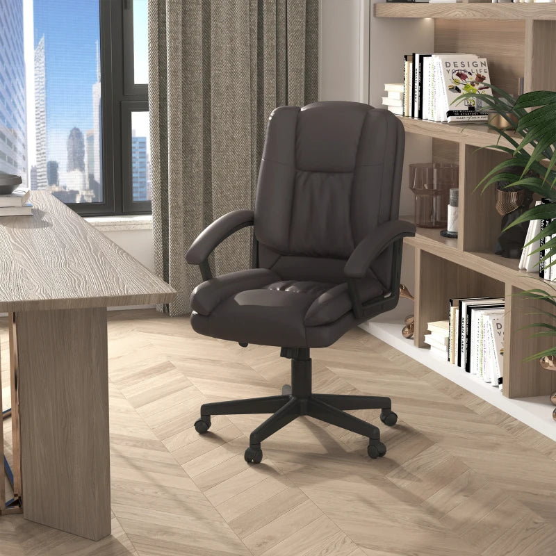 Brown PU Leather Mid Back Office Chair - Adjustable Height, Swivel Rolling Wheels - Ideal for Home Study & Computer Desk