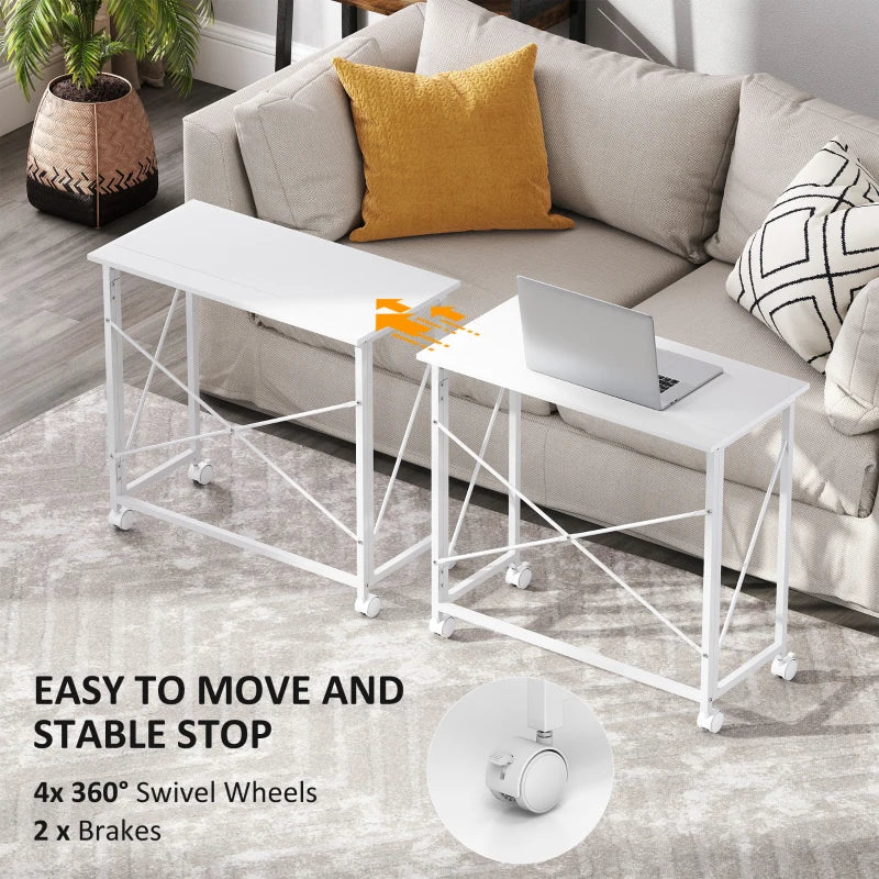Versatile 80 cm Folding Desk on Wheels - Space-Saving White Home Office Table for Easy Mobility and Storage