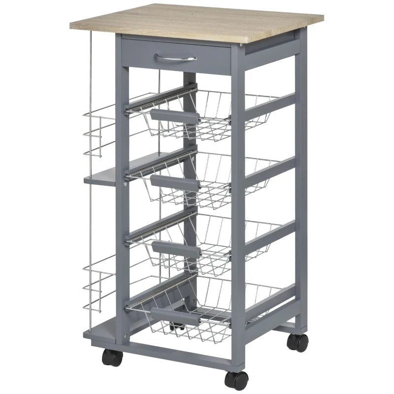 Rolling Kitchen Cart with 4 Basket Drawers & Side Racks - Utility Storage on Wheels for Dining Room - Grey