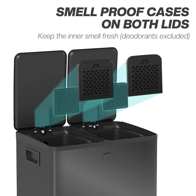 40L Dual Compartment Stainless Steel Bin with Deodoriser Holders - Glossy Black Trash Can for Kitchen & Home