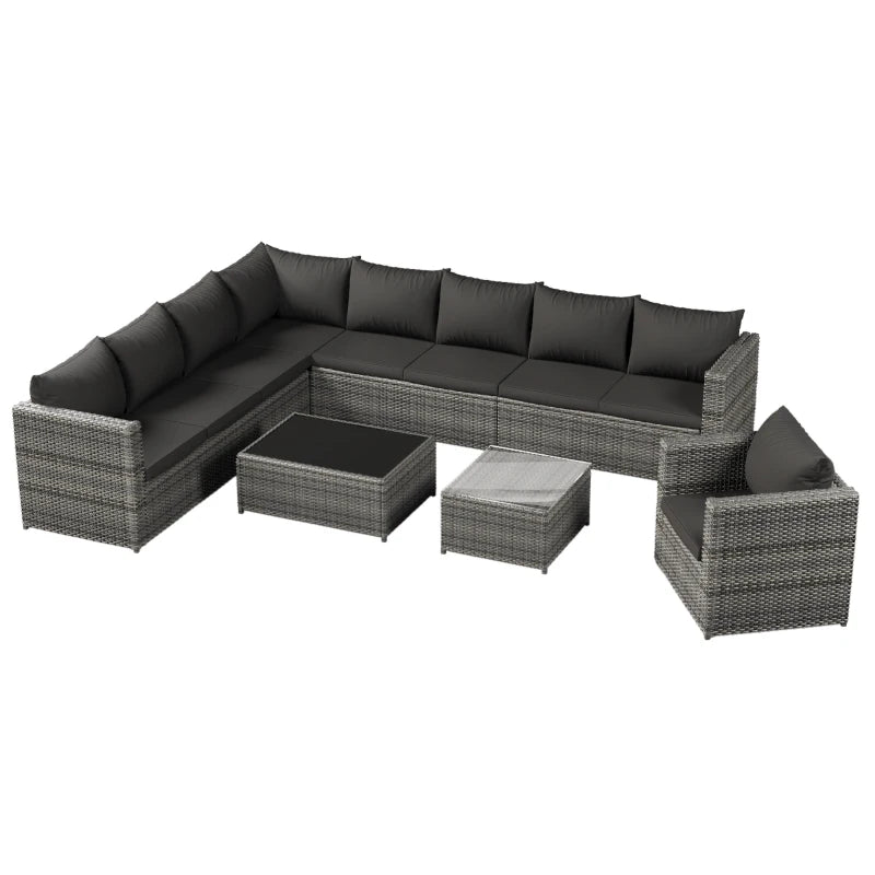 Grey 9-Seater Rattan Garden Corner Sofa Set with Coffee Table and Cushions