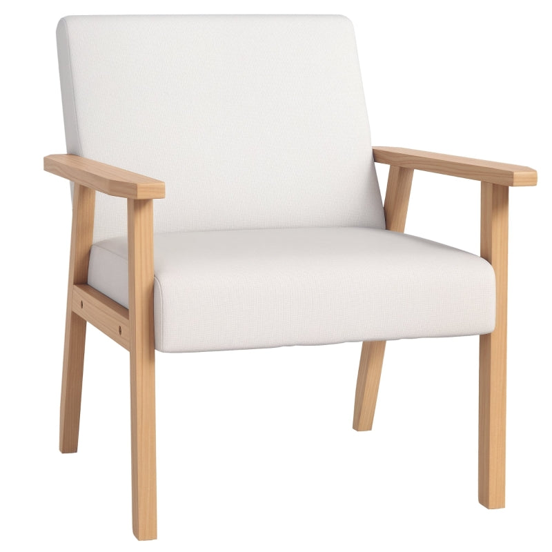 Stylish Cream White Accent Chair with Thick Linen Cushions and Wooden Frame for Home and Office
