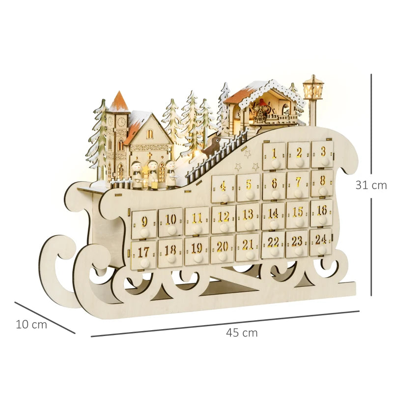 2021 Light Up Christmas Advent Calendar - Wooden Sleigh Holiday Decoration with Countdown Drawers for Kids & Adults - Natural Wood
