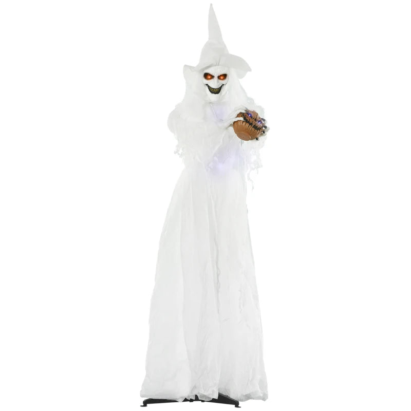 74" Halloween Decorations - Life Size White Witch Holding Pumpkin Head & Skeleton Ghost Prop with Light Up Eyes