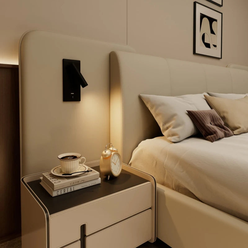 Upholstered Double Bed with Charging Port & Lighting, Impact-Resistant Headboard, 209x221x86.5 cm, Beige - Modern Bedroom Furniture