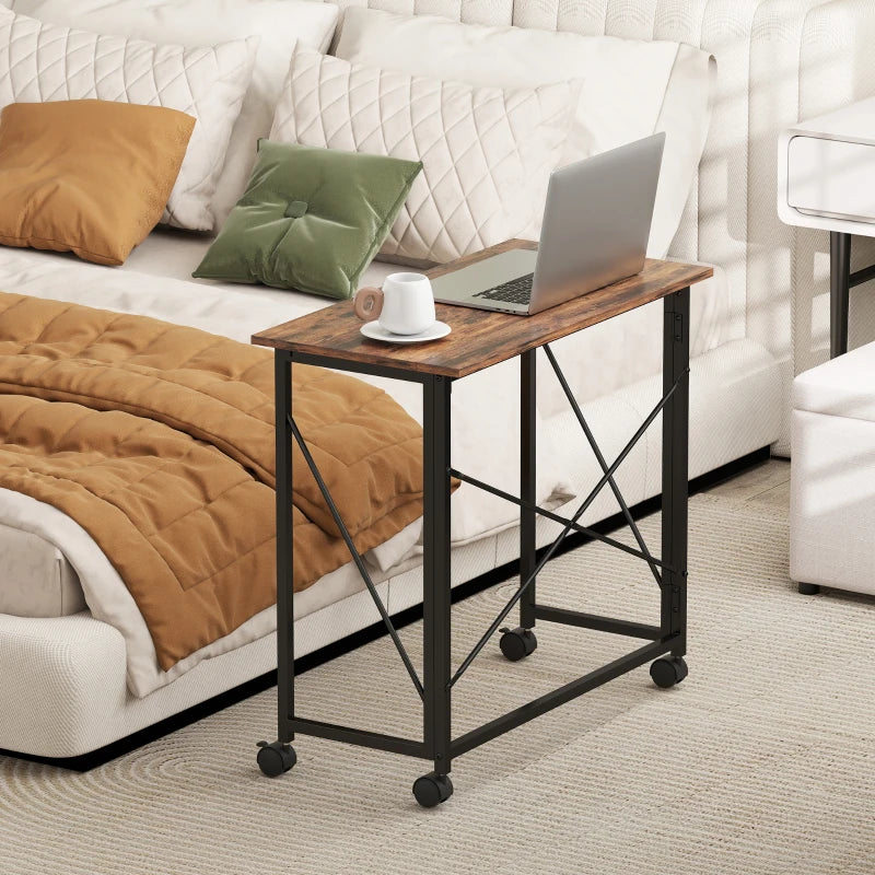 Rustic Brown 80 cm Folding Desk on Wheels - Space-Saving, Portable Workstation for Home Office & Study