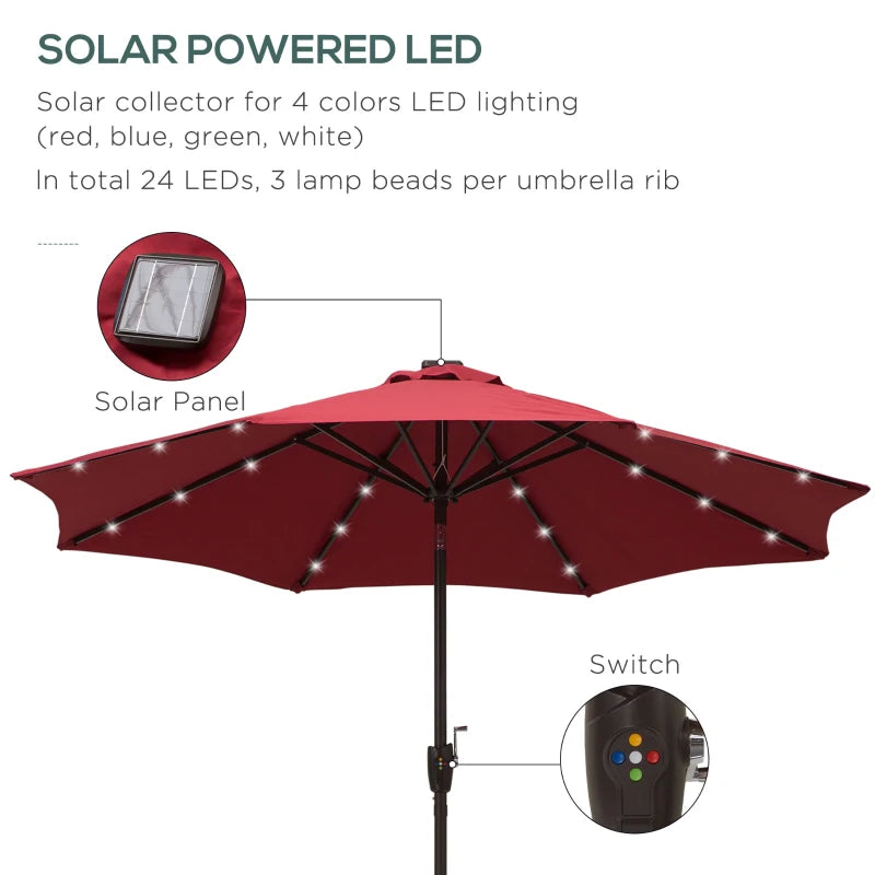 Red Solar LED Light Patio Umbrella with Hand Crank