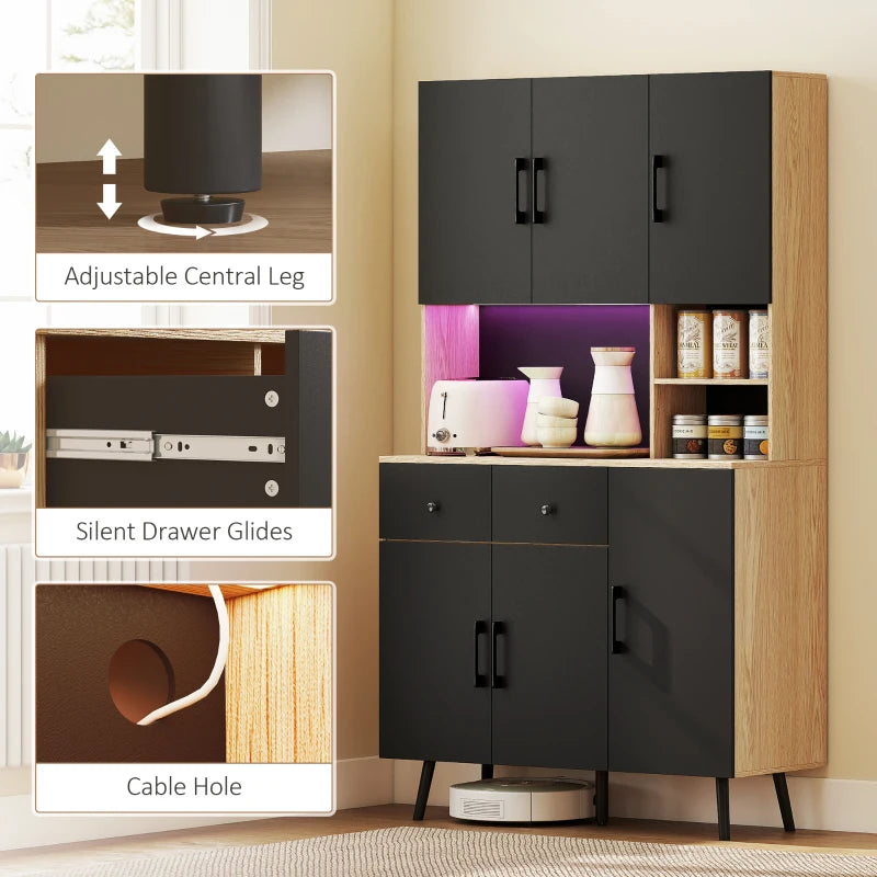 176 cm Modern Kitchen Cupboard with LED Lights - Stylish Oak and Black Storage Solution for Home