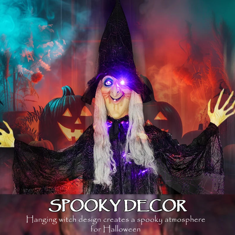 183 cm Life Size Animated Hanging Witch with Glowing LED Eyes - Spooky Halloween Decoration, Battery Operated Indoor Party Prop