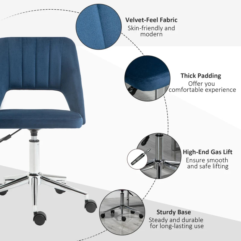 Vinsetto Dark Blue Velvet-Feel Armless Office Chair - Stylish Ergonomic Design for Home & Office Use