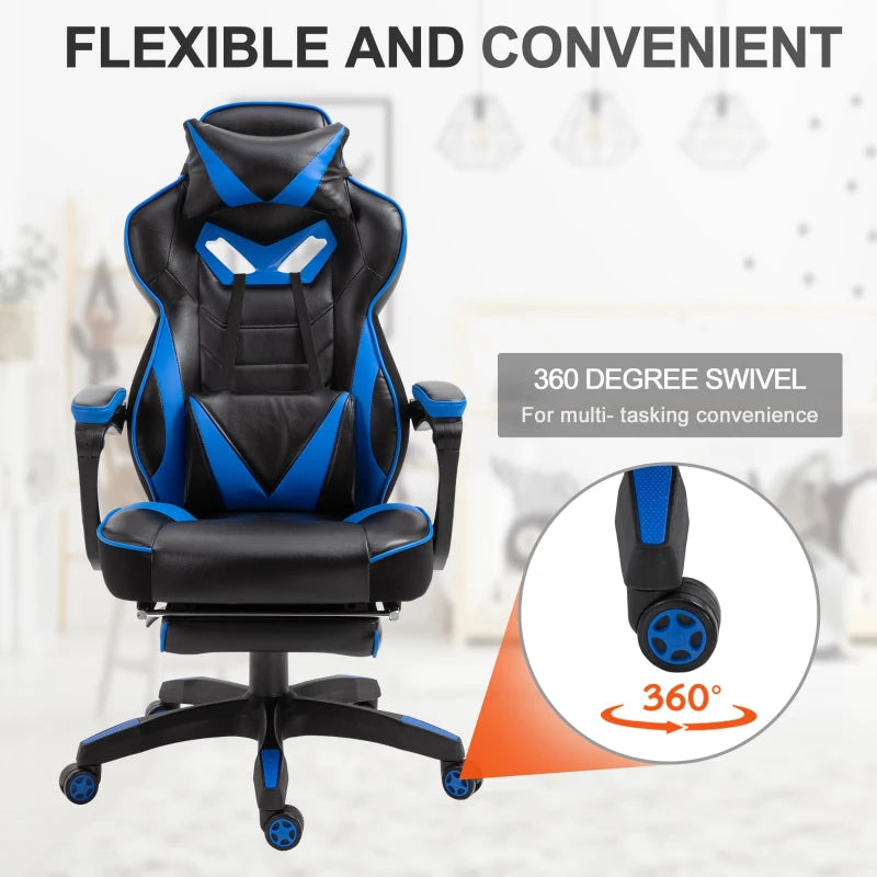 Vinsetto Blue/Black Faux Leather Reclining Gaming Chair with Footrest - Ergonomic Comfort for Gamers