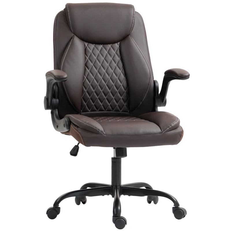 Stylish Brown Faux Leather Office Chair with Flip-Up Armrests - Ergonomic Design for Comfort and Productivity