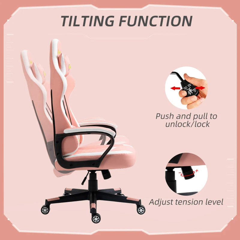 Vinsetto Pink Gaming Chair - Ergonomic Computer Desk Chair with Lumbar Support, Headrest & Swivel Wheels for Home Office