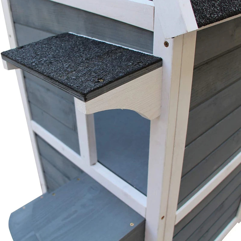 Wooden Cat House - 2-Floor Outdoor Kitten Shelter with Window - Stylish Grey Design for Cats and Kittens