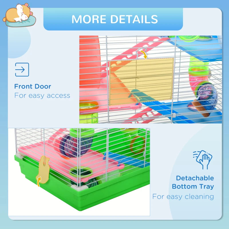 5-Tier Hamster Cage Carrier Habitat with Exercise Wheels & Tunnel - Green, Ideal for Active Small Pets