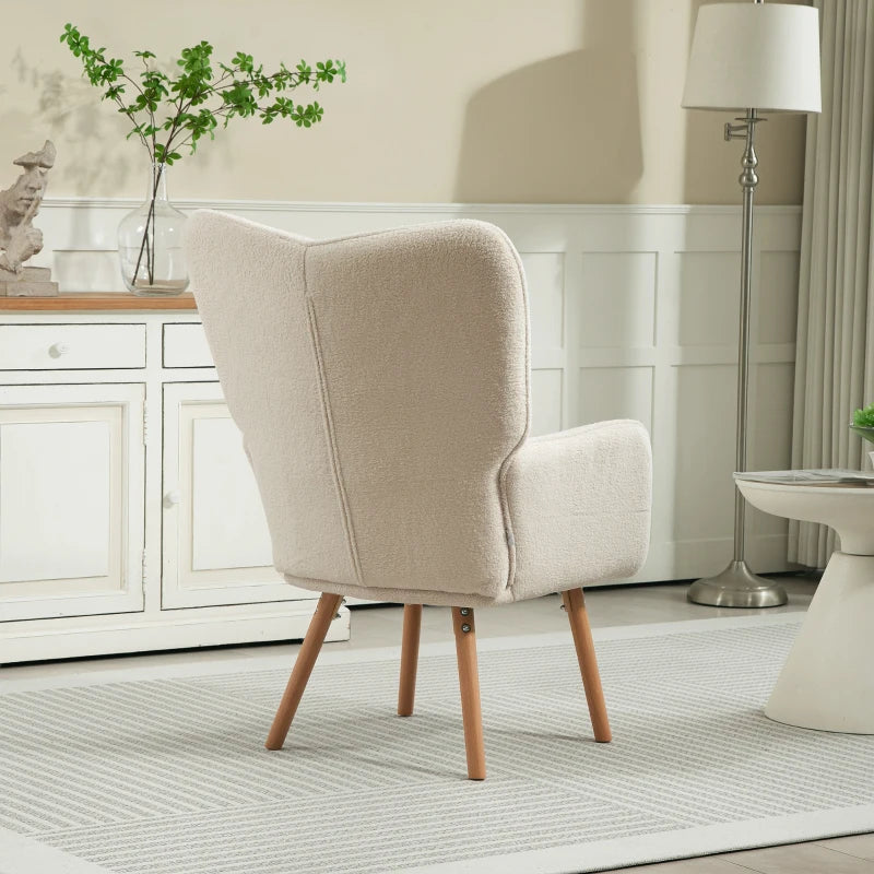 Modern Cream White Accent Chair - Upholstered Tufted Wingback Armchair with Teddy Fleece, Padded Seat & Wood Legs for Bedroom