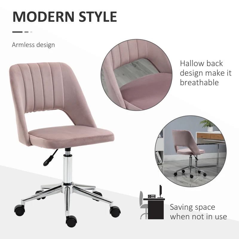 Vinsetto Pink Velvet-Feel Armless Office Chair - Stylish Ergonomic Design for Home & Office - Comfortable Seating Solution