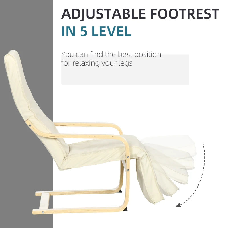 Cream White Wooden Reclining Lounge Chair with Adjustable Footrest and Removable Cushion for Deck Relaxation