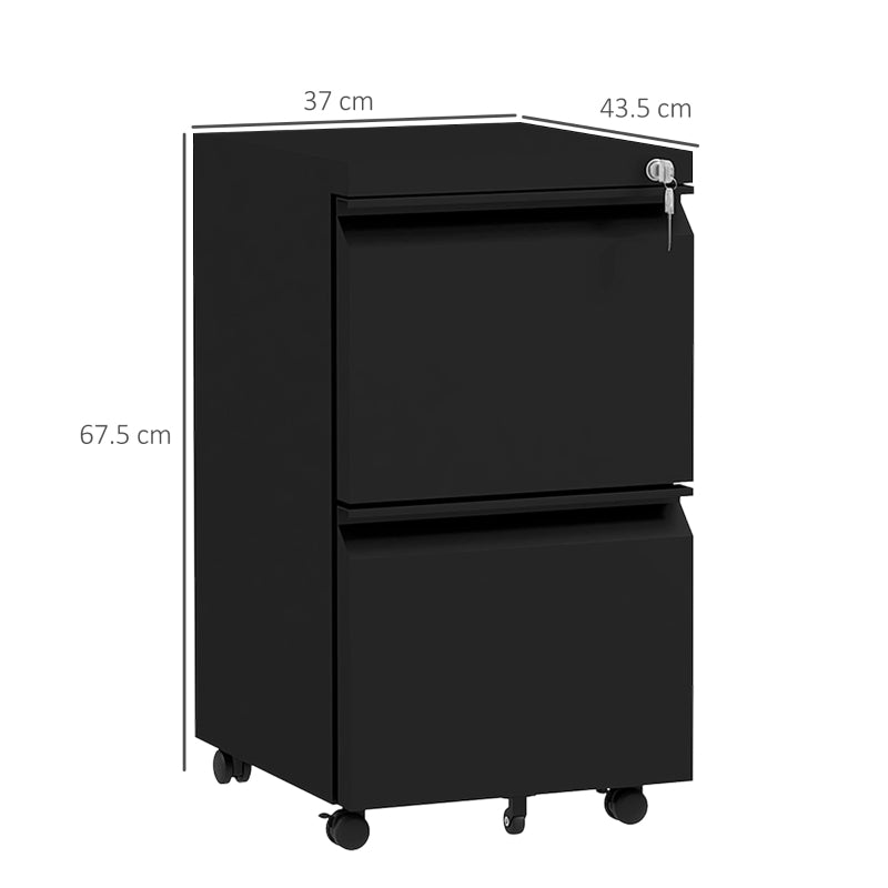 Vinsetto 2-Drawer Mobile Filing Cabinet - Lockable Steel File Storage for Letter, A4 & Legal Size - Pre-Assembled, Black
