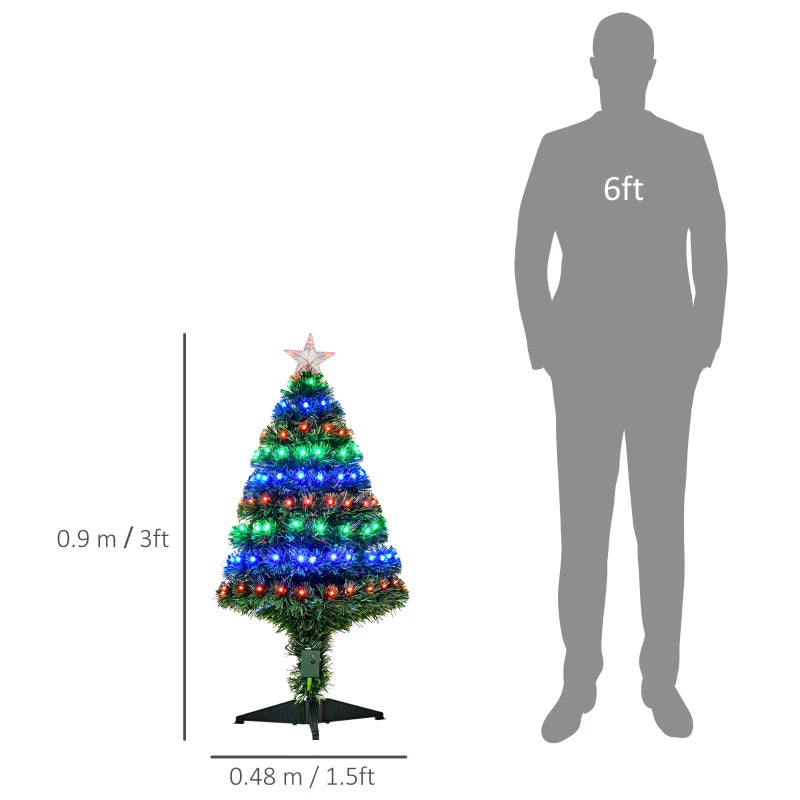 3ft Prelit Artificial Christmas Tree with Multi-Colored Fiber Optic LED Lights - Festive Holiday Home Decoration, Green Xmas Tree