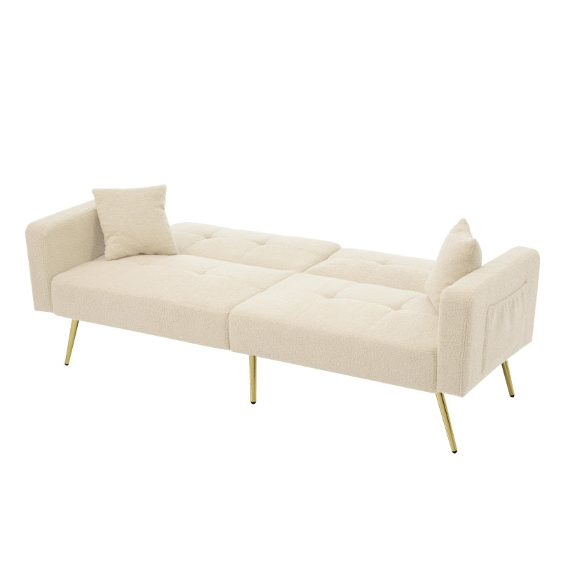 Elegant Beige Convertible Sofa Bed with Adjustable Backrest and Side Pockets, Perfect Loveseat for Bedroom, 176L x 64W x 75H cm