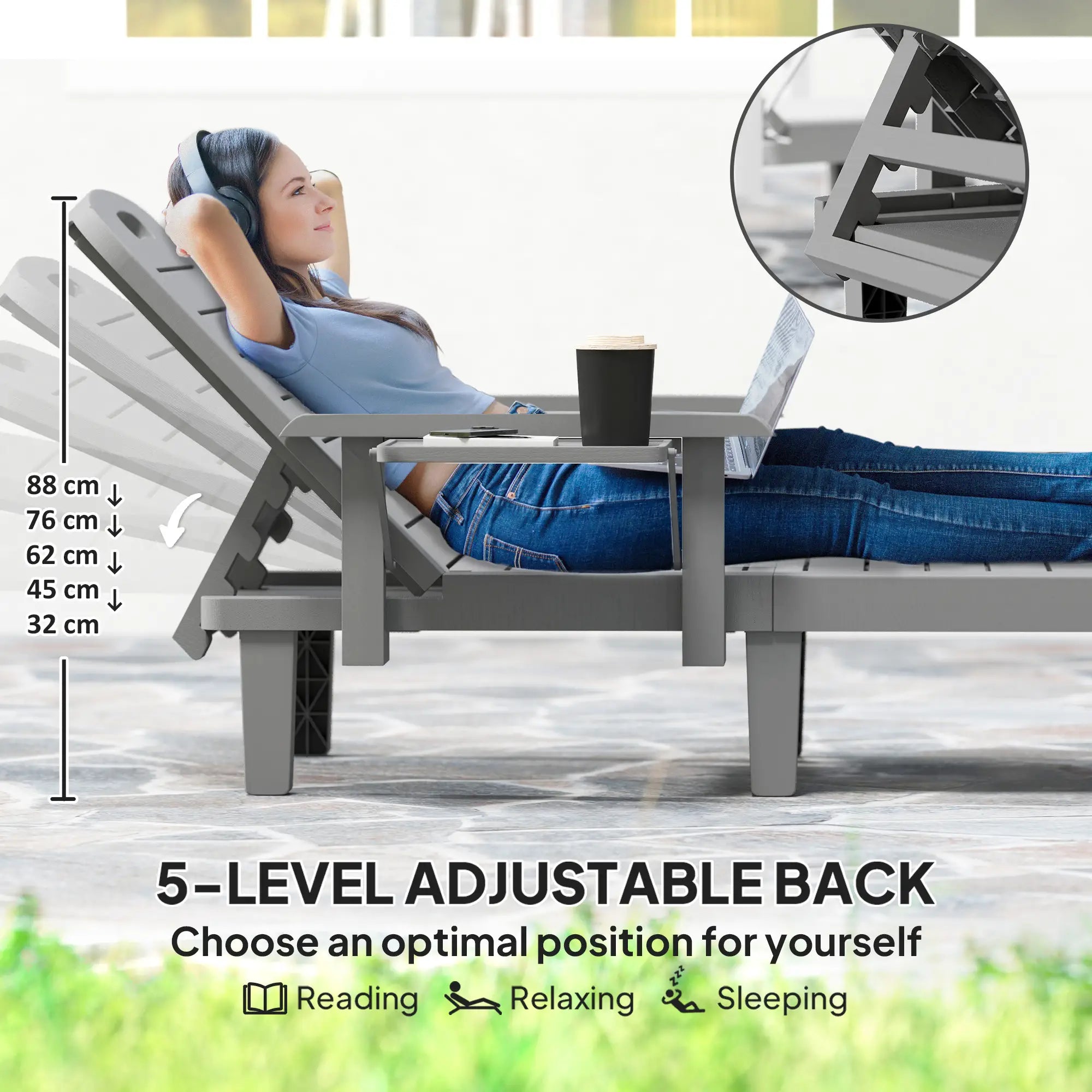 Set of 2 Resin Reclining Sun Loungers for Garden - 5 Positions - Outdoor Chaise Lounge Chairs with Wood Texture Surface, Armrests & Foldable Side Table
