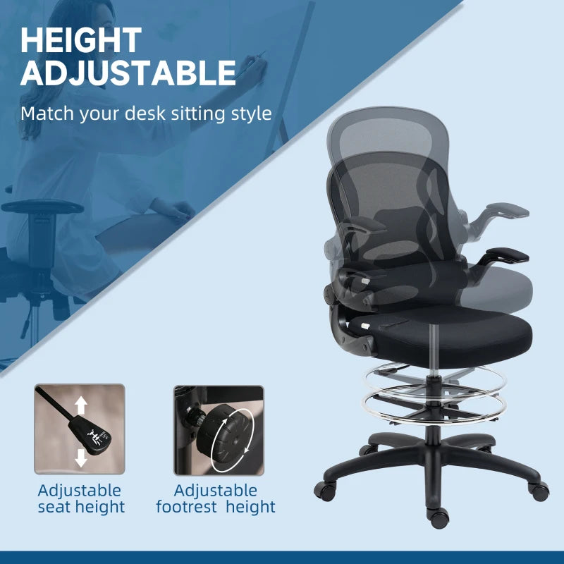 Vinsetto Adjustable Mesh Standing Desk Chair - Ergonomic with Flip-up Armrests, Lumbar Support & Adjustable Footrest - Black