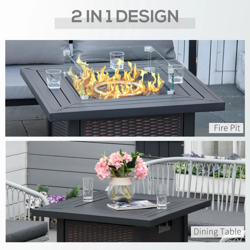 Square Propane Gas Fire Pit Table 50000 BTU - Smokeless Rattan Patio Heater with Glass Screen & Beads, 81cm Black