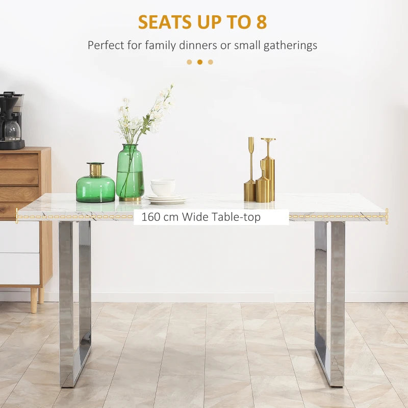 Modern Rectangular Dining Table for 6-8 People - 160 cm White Marble Effect Top with Steel Legs - Kitchen Furniture