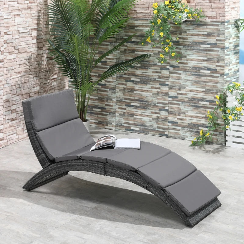 Grey Rattan Folding Sun Lounger with Cushion for Outdoor Relaxation
