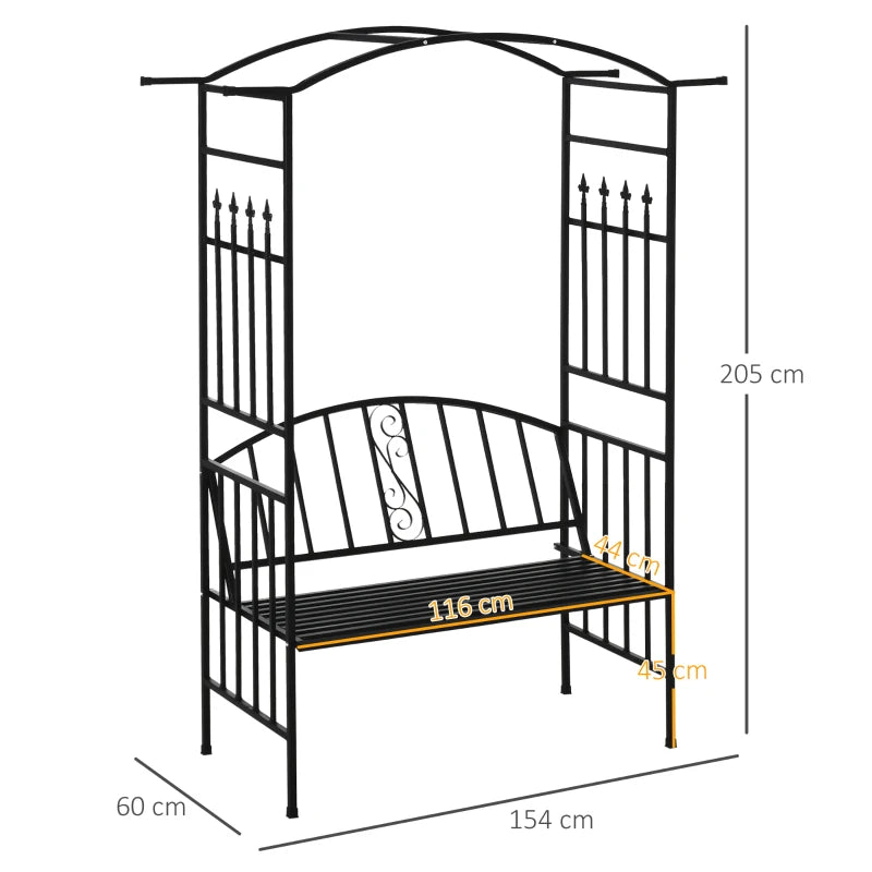 Black Steel Garden Arch with 2-Seater Bench