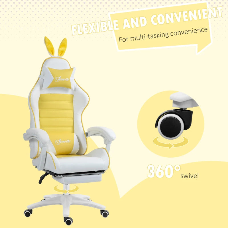 Vinsetto Yellow Reclining Racing Gaming Chair with Headrest, Lumbar Support, Footrest & Removable Rabbit Ears - PU Leather