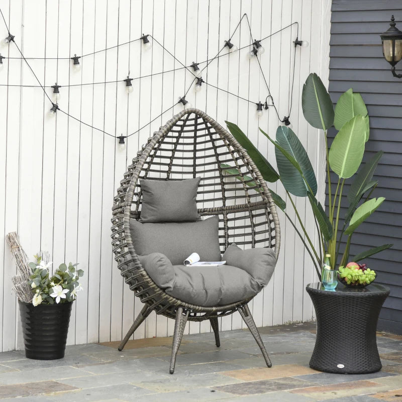 Teardrop Wicker Rattan Chair with Thick Cushions - Outdoor Egg Seat (Grey)
