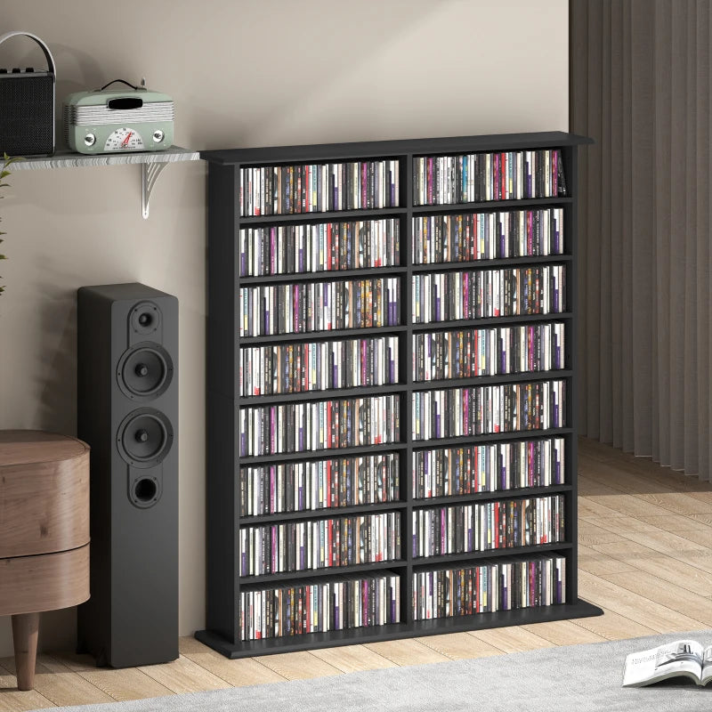 16-Compartment Black Media Shelf - Stylish Storage Solution for DVDs, Games, and Books - Perfect for Home Organization