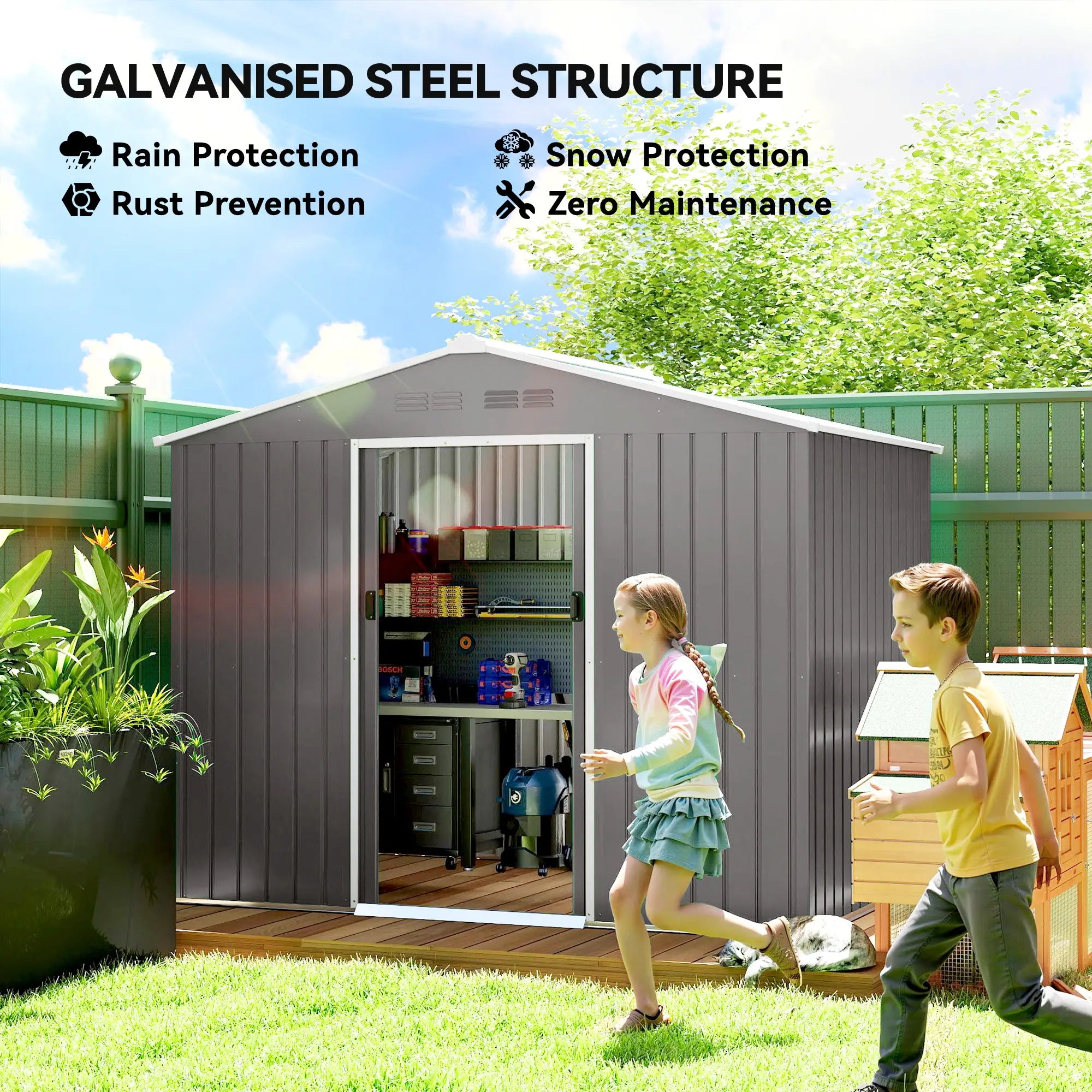 8 x 6ft Galvanised Steel Garden Shed with Lockable Double Sliding Doors – Large Outdoor Metal Storage, Ventilated, Weather & Rust Resistant, Light Grey