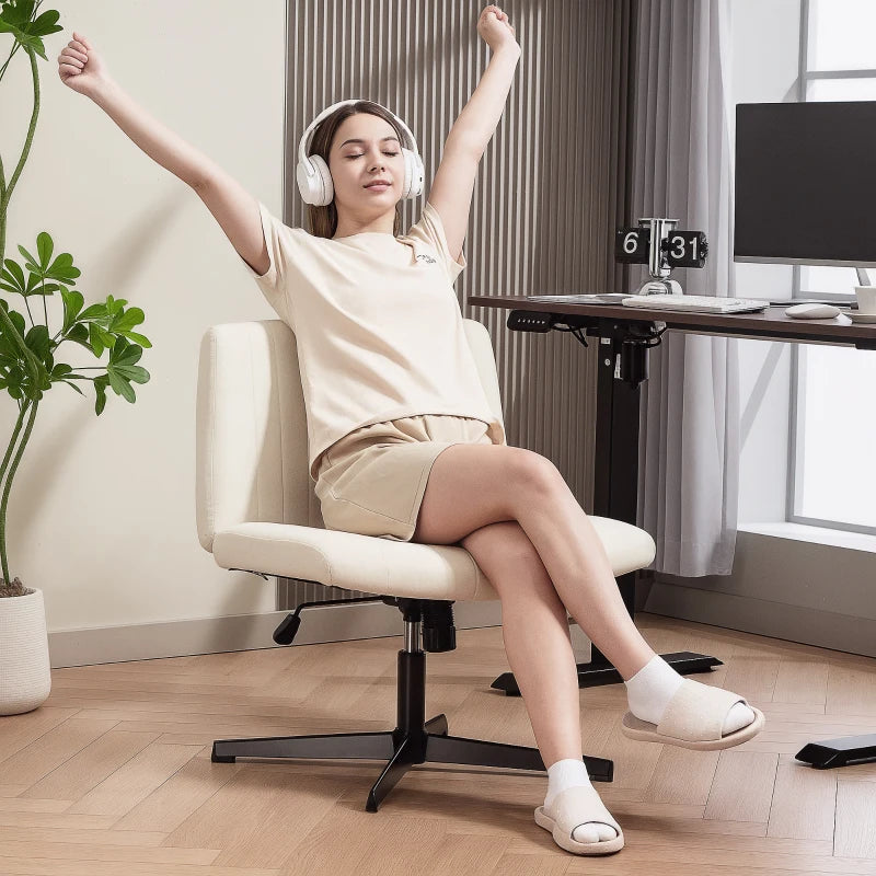 Armless Linen Fabric Office Chair - Criss Cross Legs, Wide Seat, Thick Padding, Adjustable Height, Cream - No Wheels