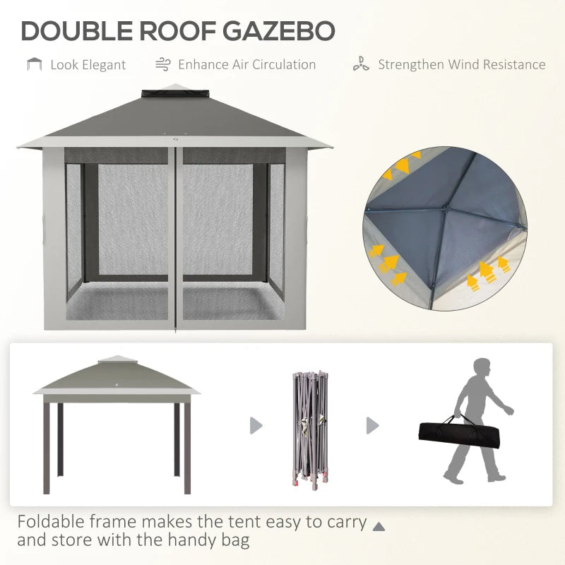 Dark Grey Pop Up Canopy Tent with Double Roof and Mesh Sidewalls