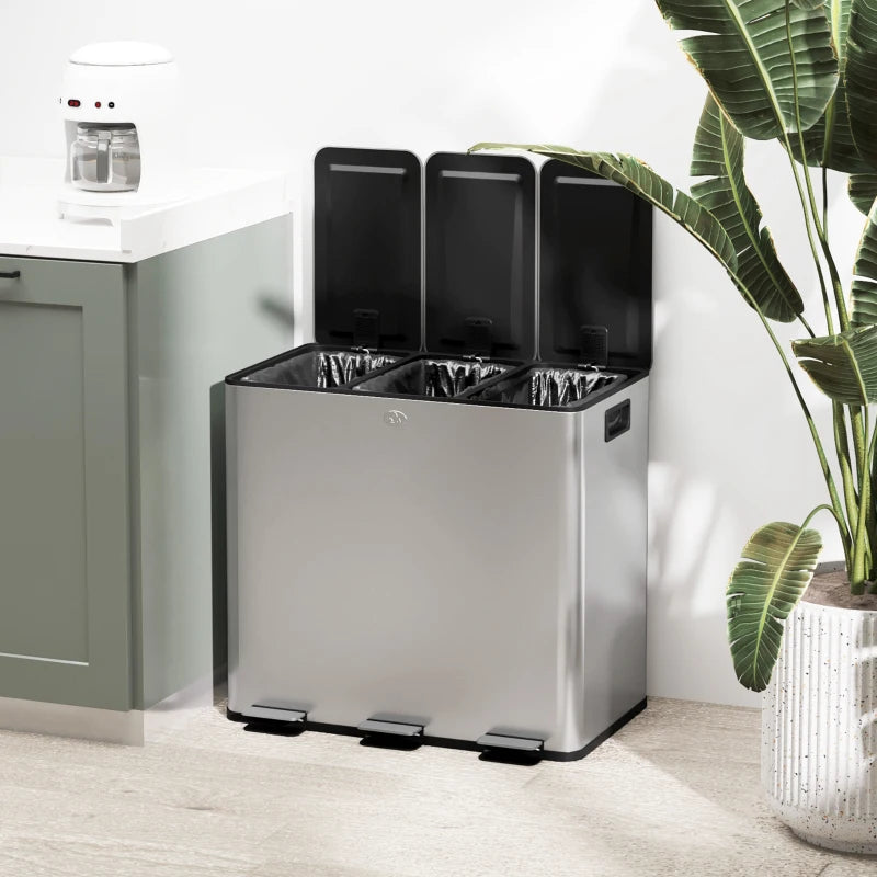 3 x 15L Steel Pedal Bin Set - Triple Kitchen Trash Can with Soft Close Lid, Removable Buckets, Fingerprint-Proof Silver