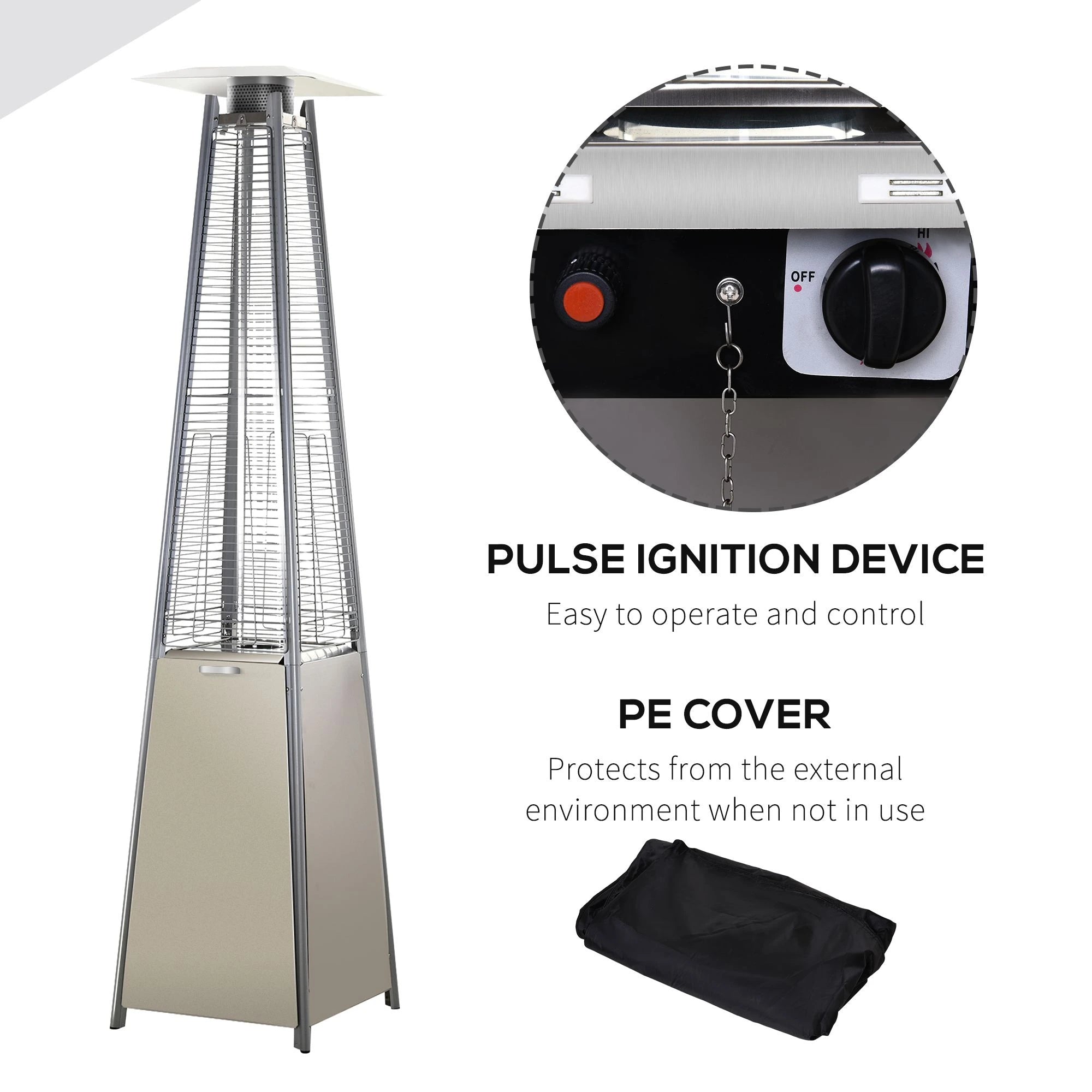 Stainless Steel Outdoor Garden Pyramid Patio Heater with Wheels and Rain Cover - Silver